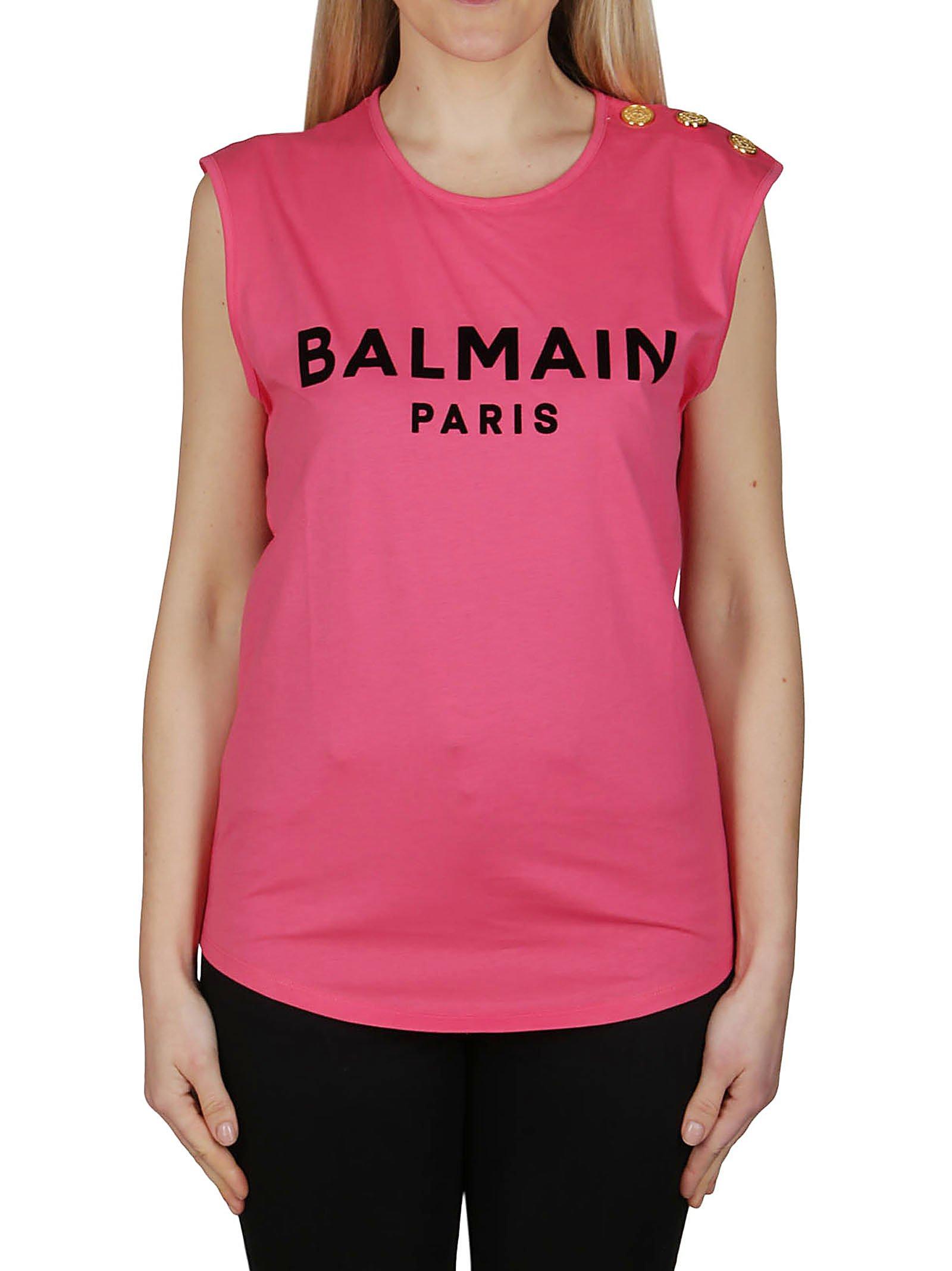 Balmain Flocked Logo Button Detail Tank Top in Pink | Lyst