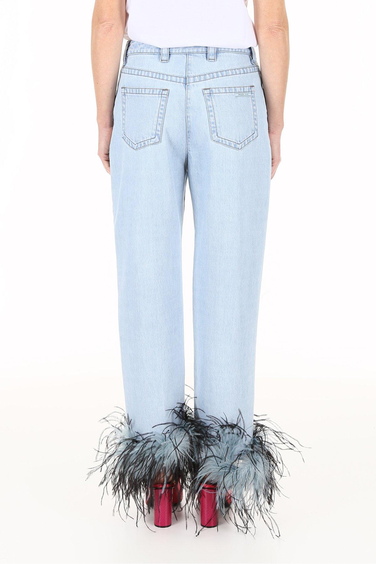 Prada Ostrich Feather Trim Denim Jeans in Light Blue (Blue) | Lyst