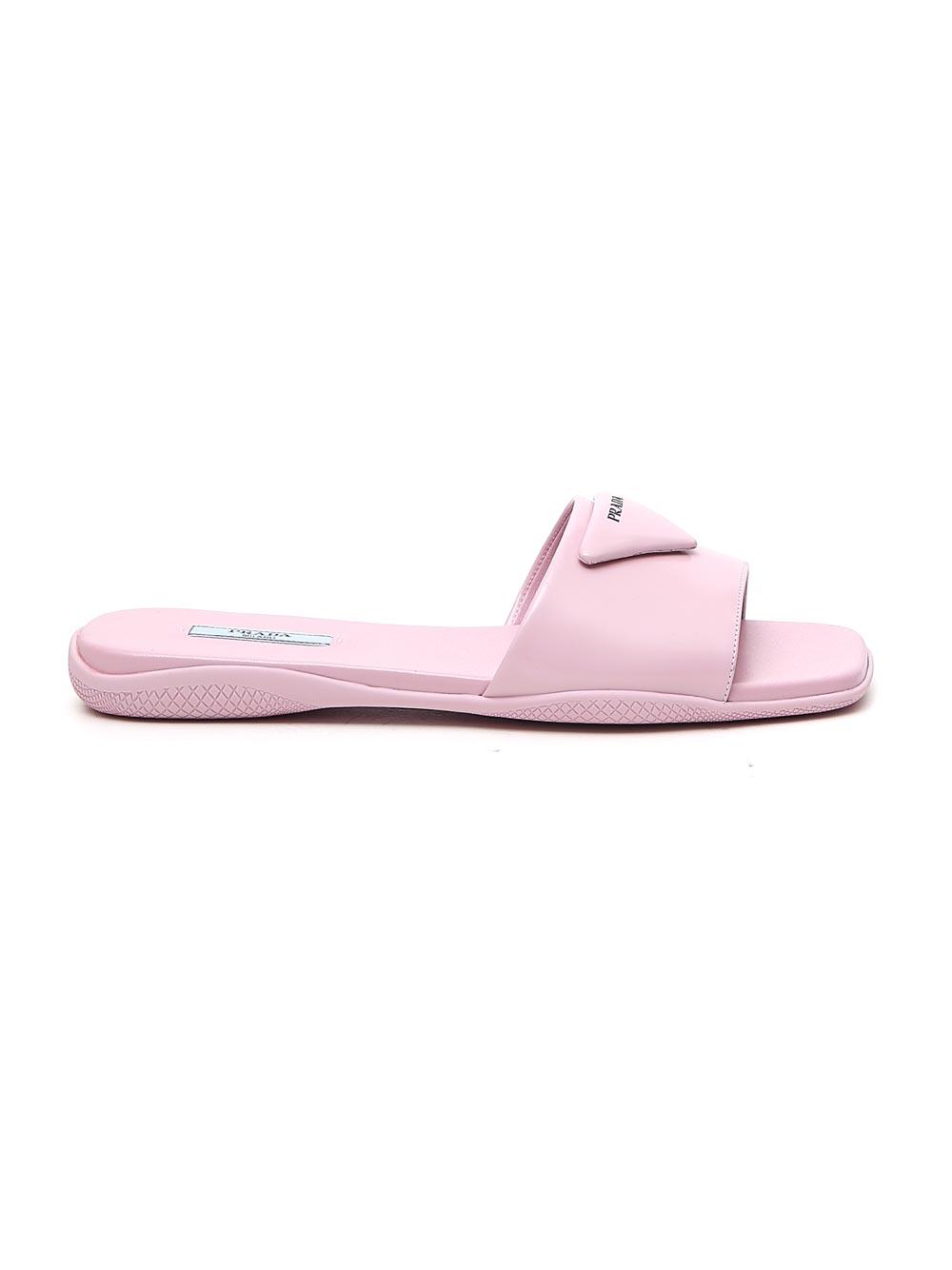 Prada Leather Triangle Logo Slide Sandals in Pink - Lyst
