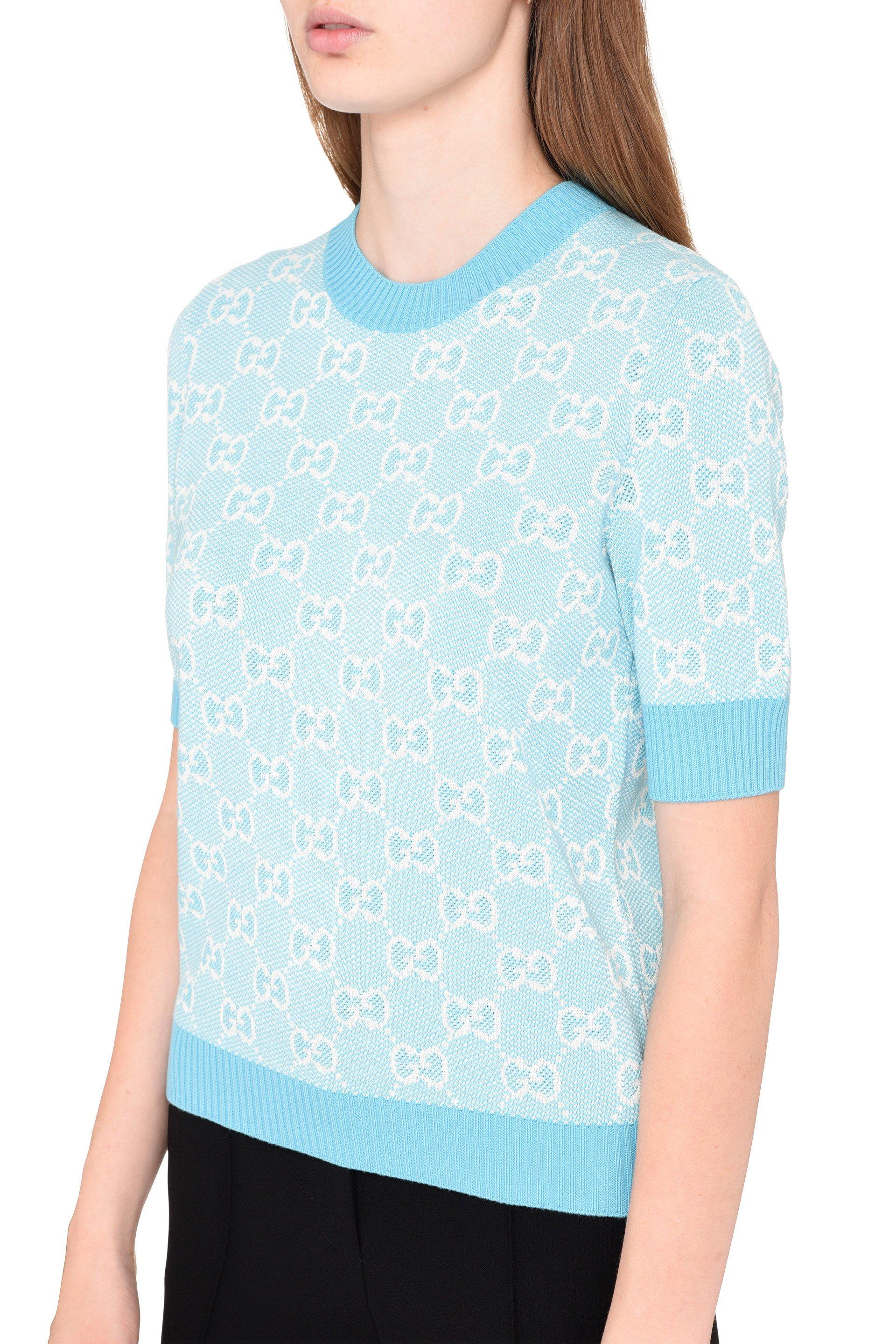 Gucci - monogram-jacquard Short-sleeved Jumper - Women - Wool/Polyamide/Spandex/Elastane - L - Blue