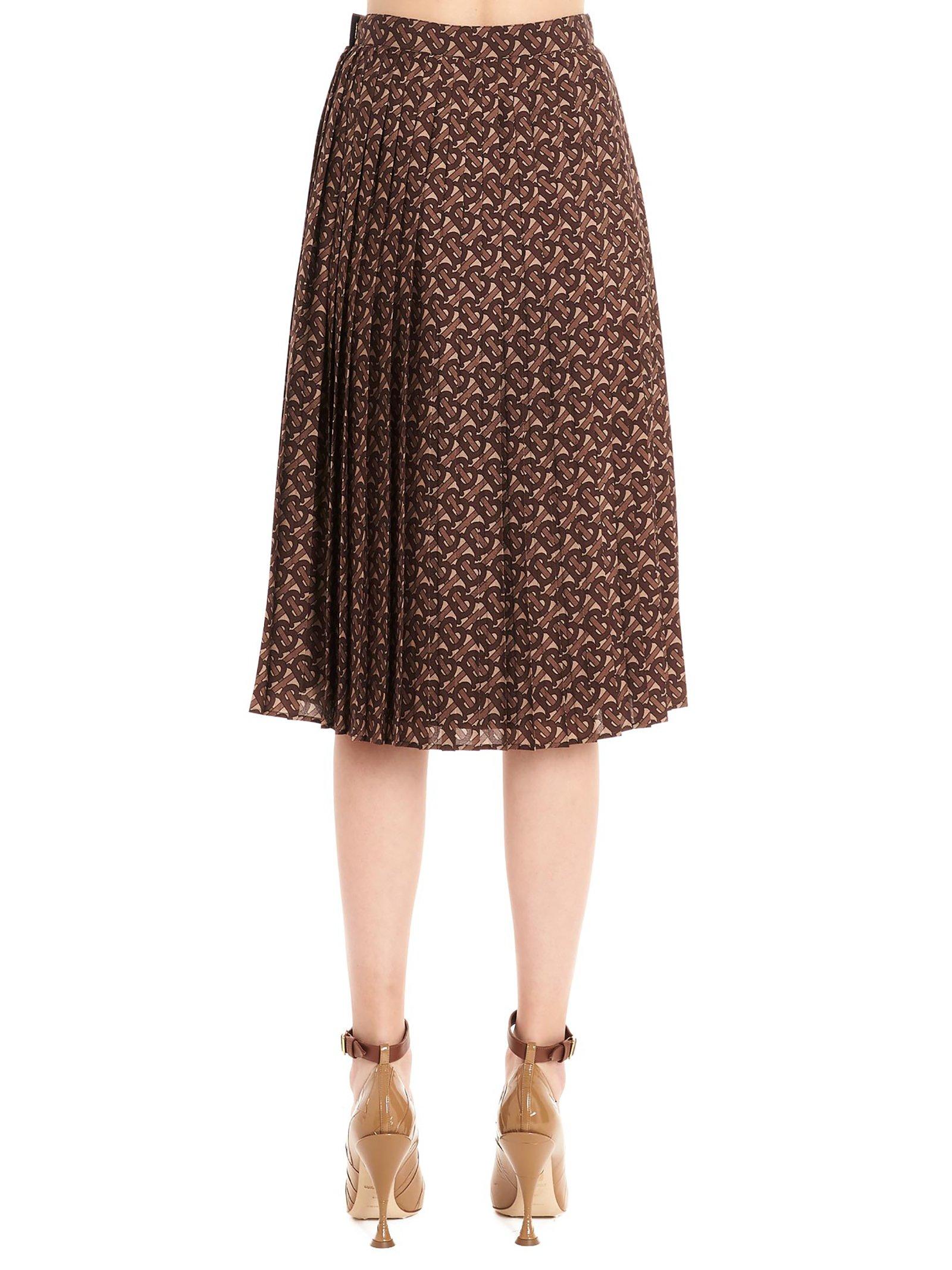 Burberry Satin Tb Monogram Pleated Skirt in Brown,Black,White (Brown) | Lyst