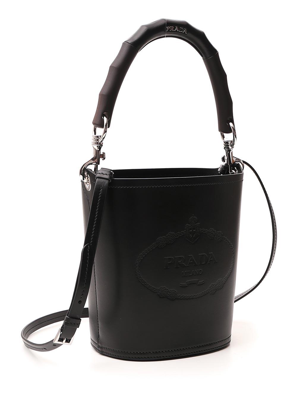 Prada City Heritage Logo Leather Bucket Bag in Black | Lyst