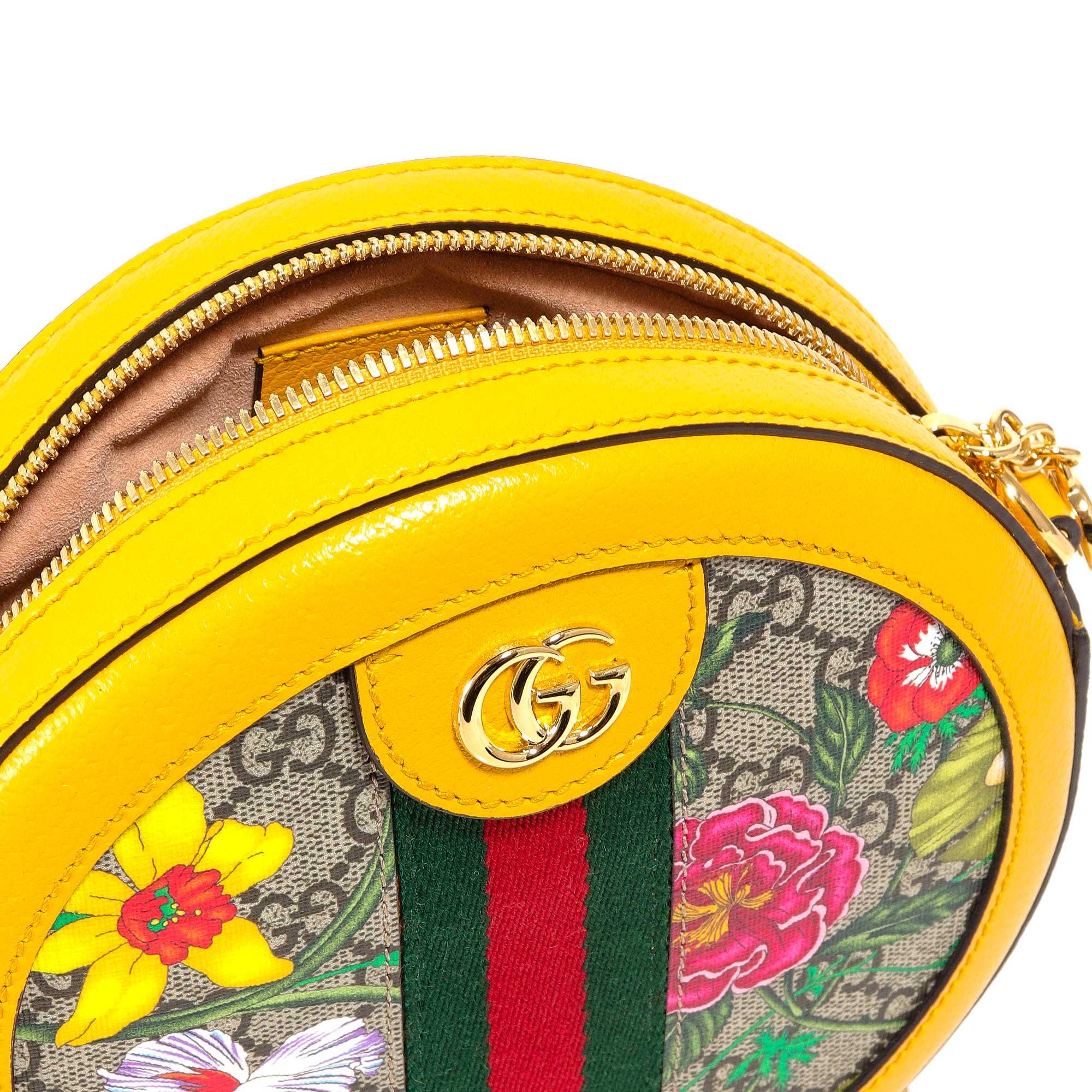 Gucci Leather Ophidia GG Flora Mini Round Shoulder Bag in Yellow 
