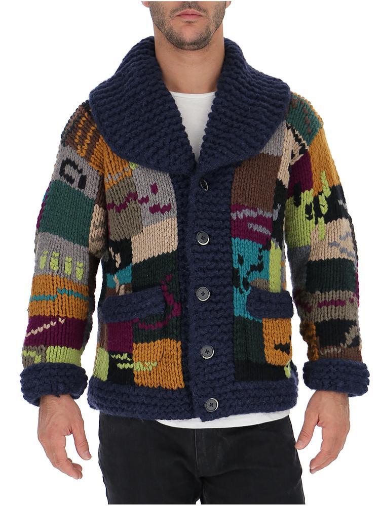 Barena Patchwork Chunky Knit Cardigan in Blue for Men - Lyst