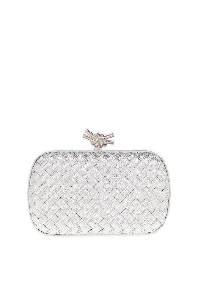 Bottega Veneta Womens Silver Silver Knot Minaudiere Leather Clutch Bag