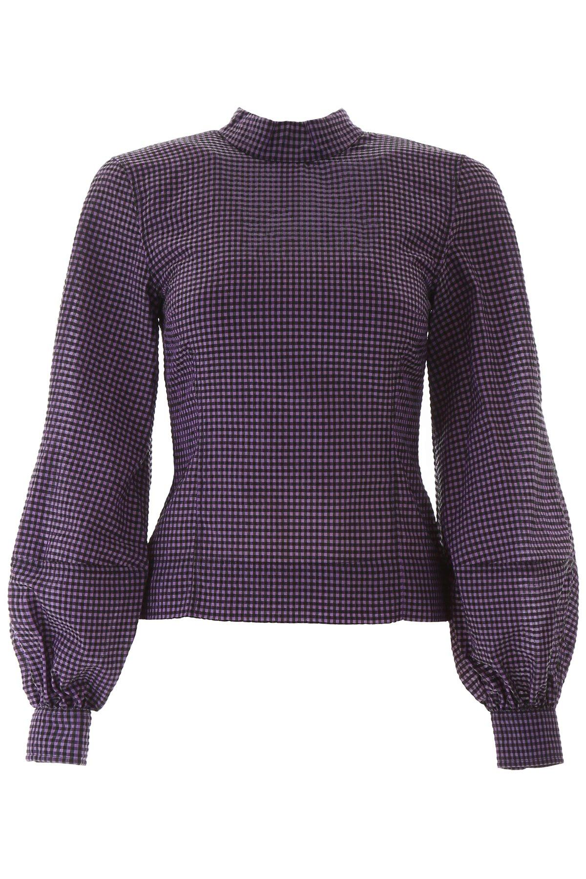 Ganni Cotton Seersucker Check Blouse in Purple - Lyst