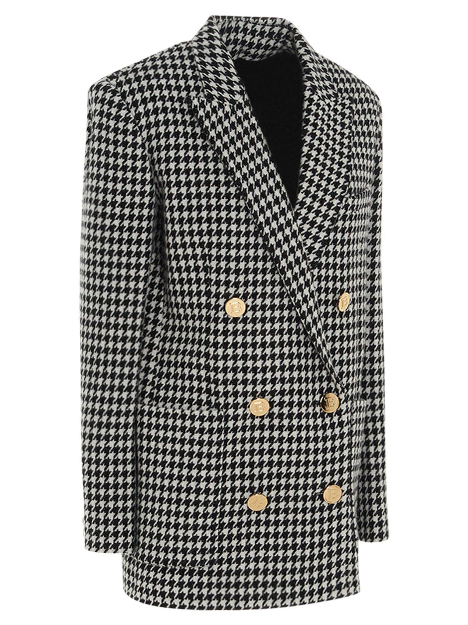 Balmain Wool Double-breasted Houndstooth Blazer in Black - Lyst