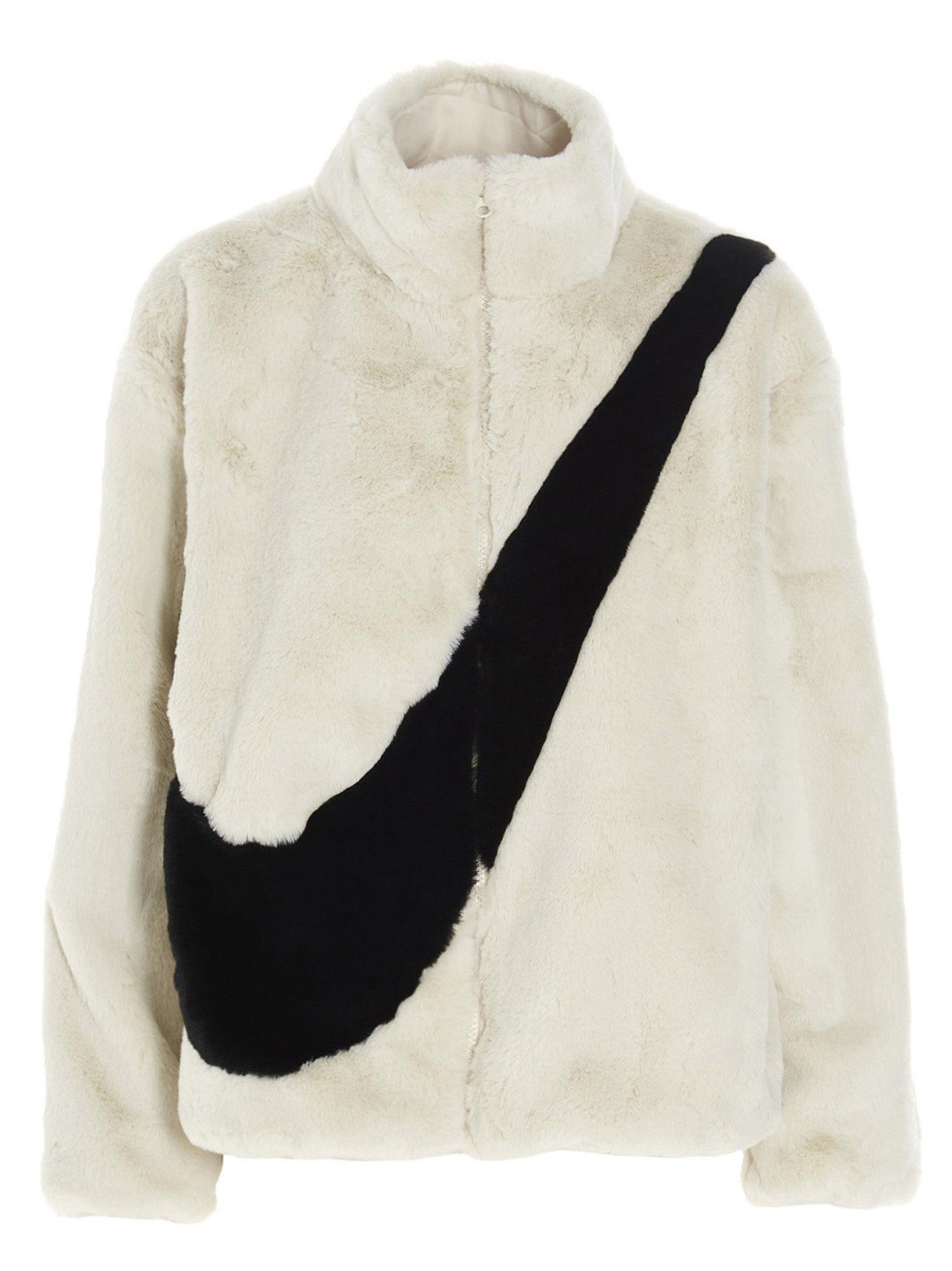 Nike Synthetic Logo Faux Fur Jacket in White | Lyst