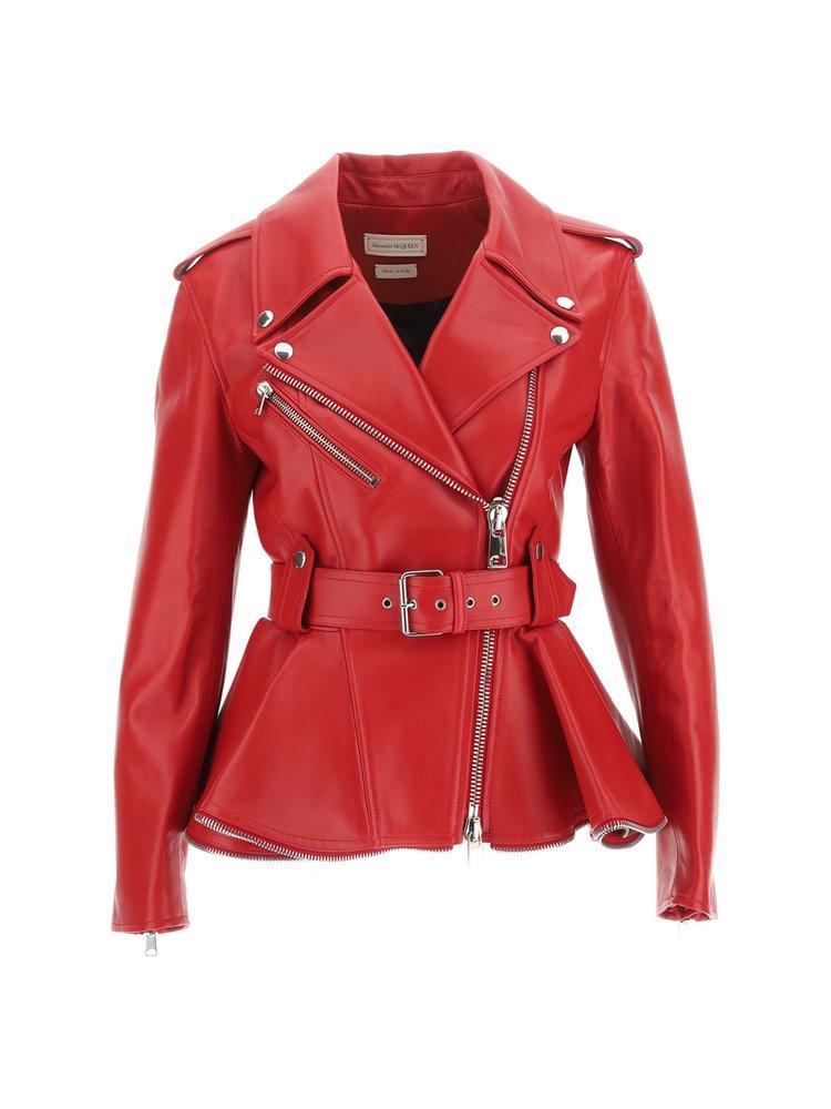 McQueen Belted Zip-detailed Leather Peplum Biker Jacket in McQueen Belted Zip-detailed Leather Peplum Biker Jacket in