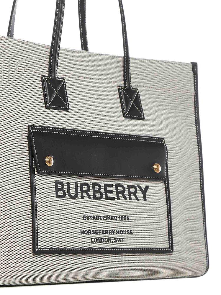 Burberry Mini Logo Graphic Canvas Leather Pocket Tote Bag Natural