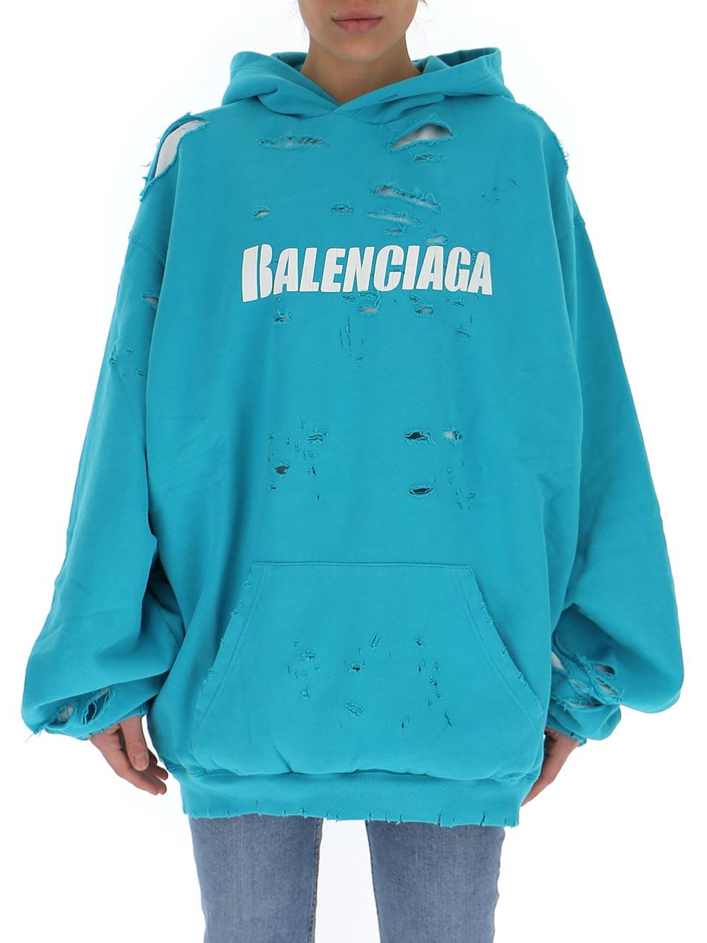 Balenciaga Cotton Caps Destroyed Hoodie in Blue | Lyst