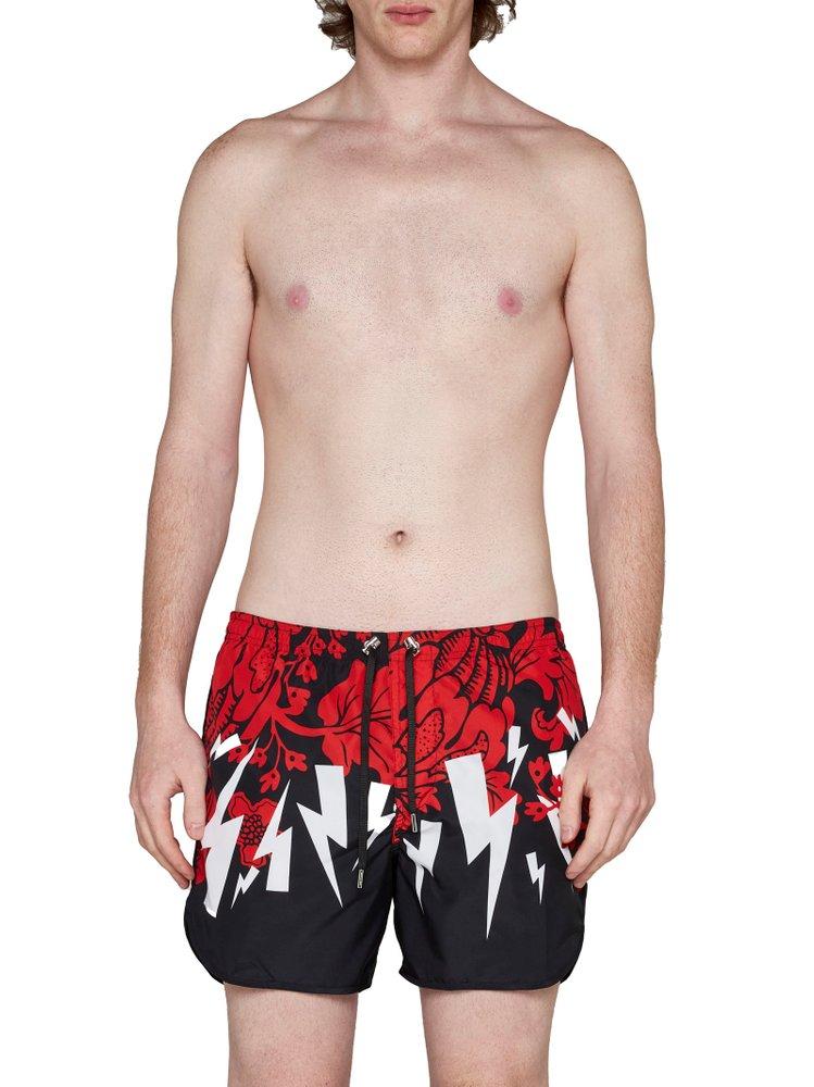 Neil Barrett Graphic Printed Elastic Waist Swim Shorts in Red for Men | Lyst