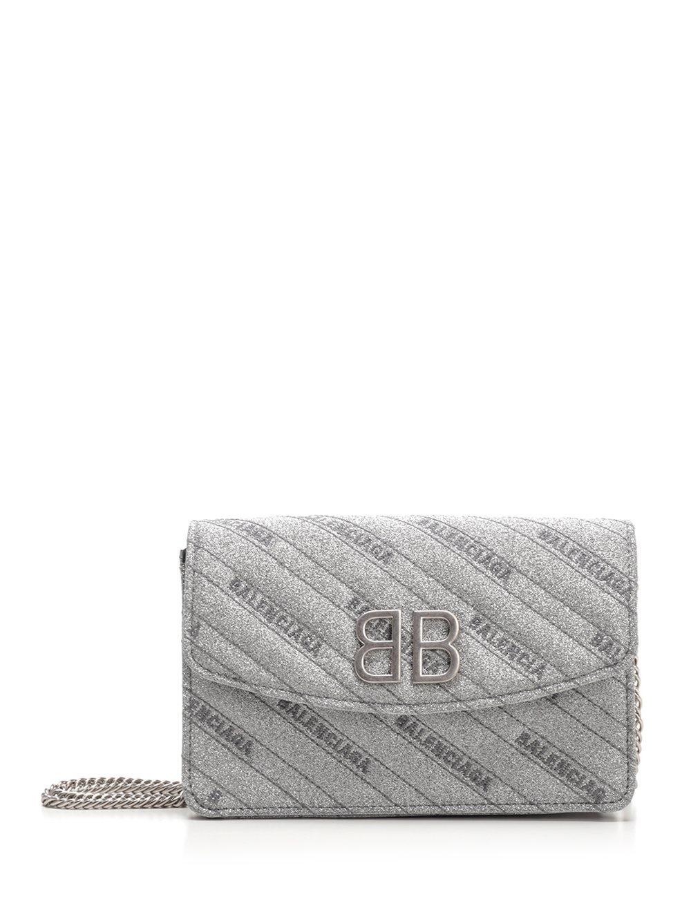 Balenciaga Bb Silver Glittered Leather Wallet on Chain Bag 561507
