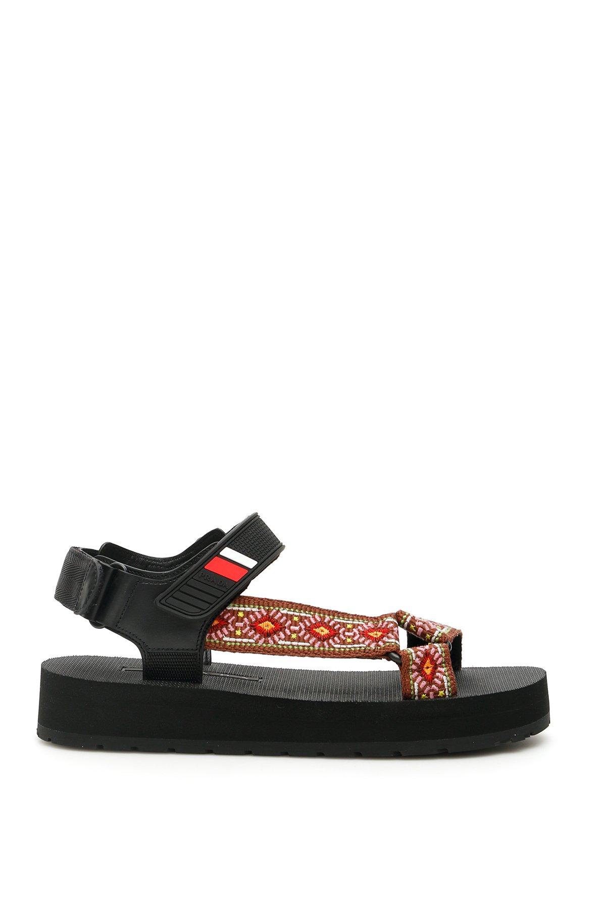 Prada Leather Embroidered Straps Sandals in Black - Save 13% - Lyst
