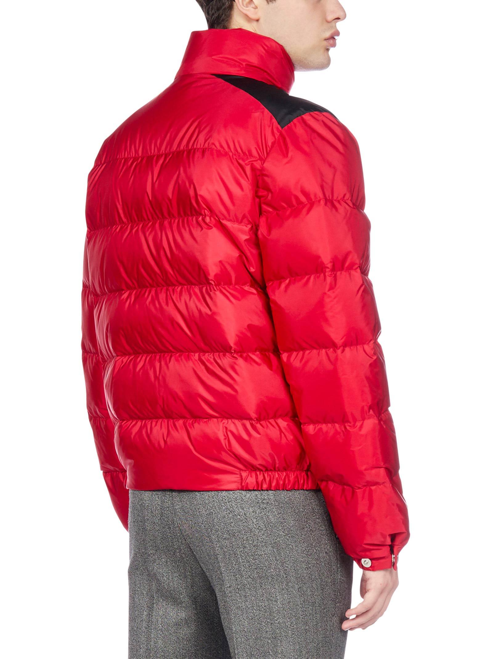 Prada Synthetic Triangle Logo Puffer Jacket in Red for Men - Lyst