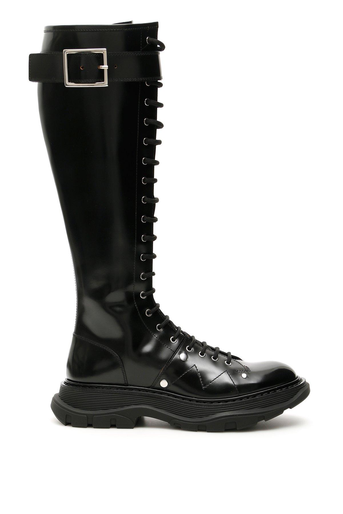 Alexander McQueen Leather Buckle Detail Knee High Boots in Black - Lyst