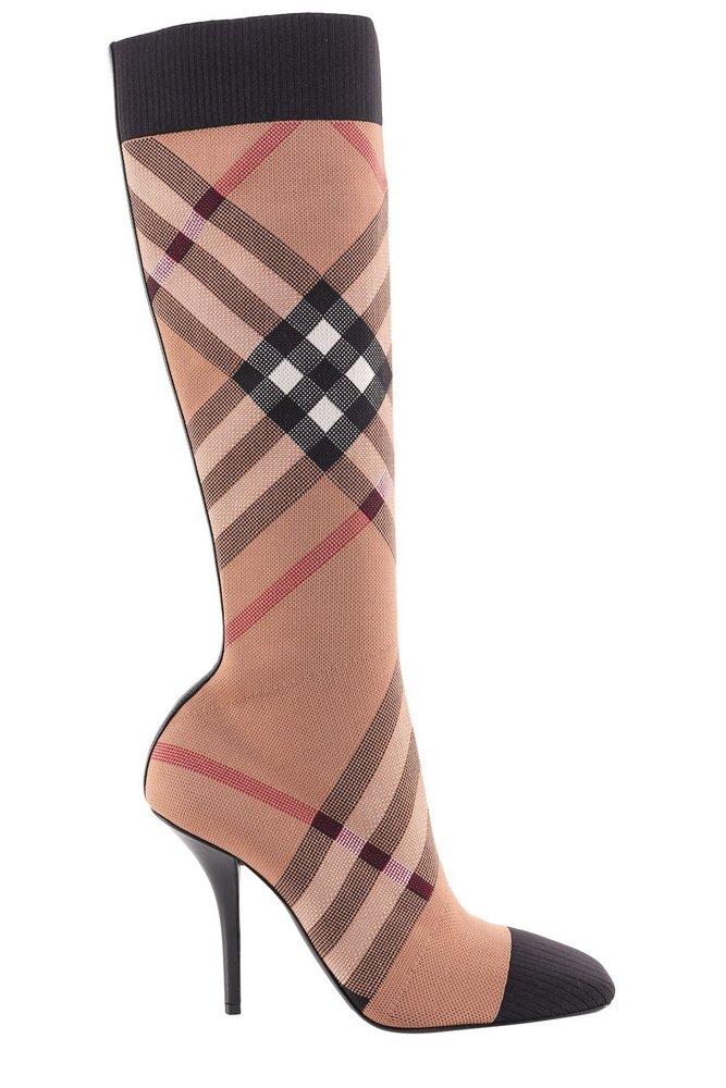 burberry check stretch knit sock boots