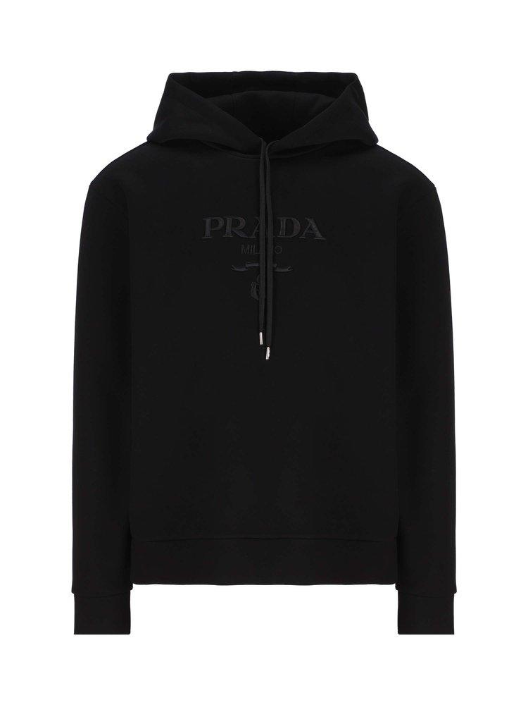 Prada Logo-embroidered Straight Hem Drawstring Hoodie in Black for Men |  Lyst