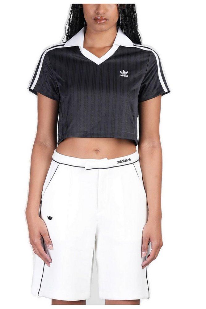 ★ adidas★ Football Jacquard V-Neck Crop Polo Shirt Black adidas Football Jacquard V-Neck Cropped Polo Shirt in Black
