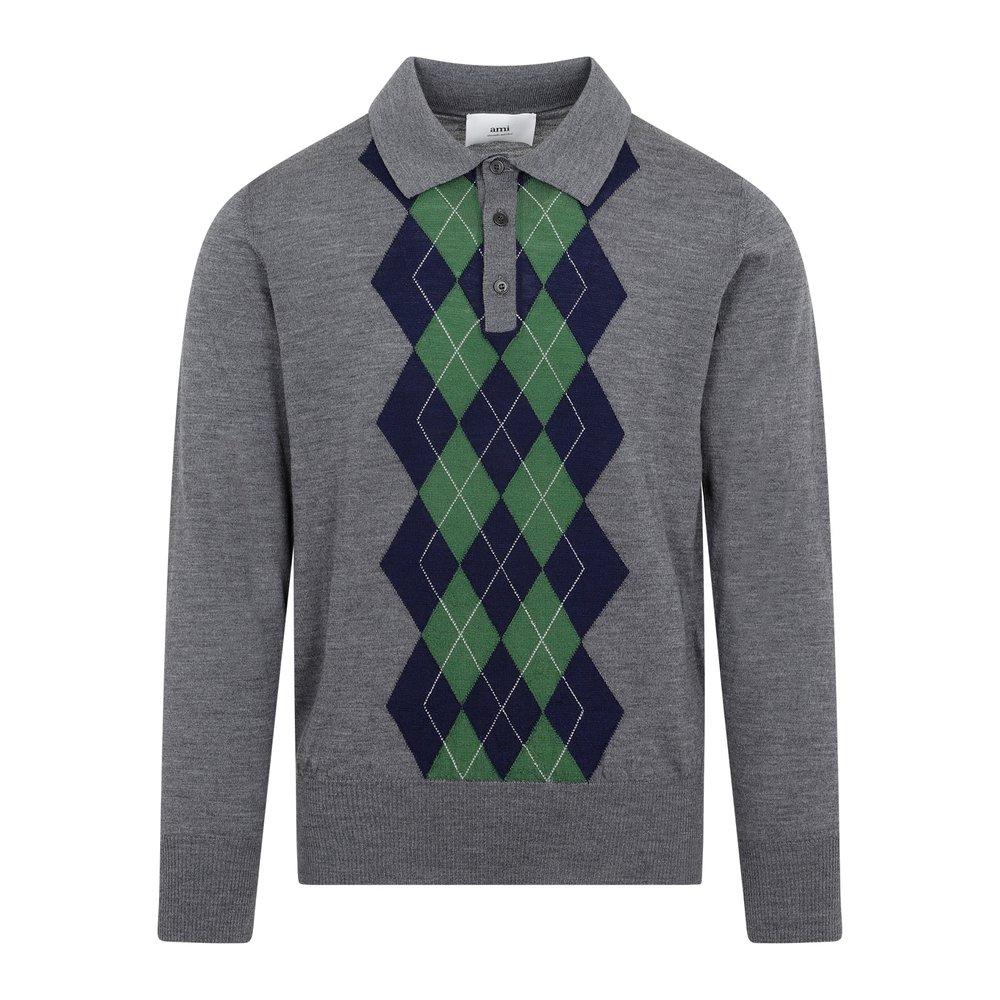 Ami Paris Halfbuttoned Knit Polo Shirt in Gray for Men Lyst