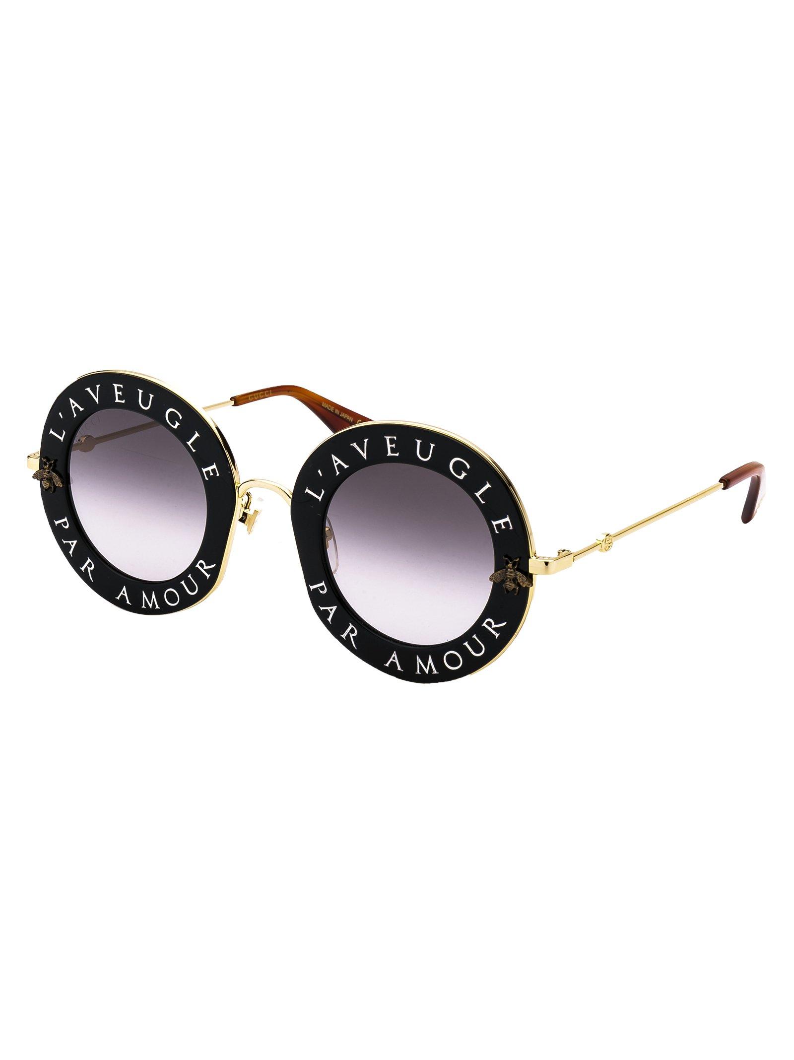 Gucci Slogan Printed Round Sunglasses in Black for Men - Lyst