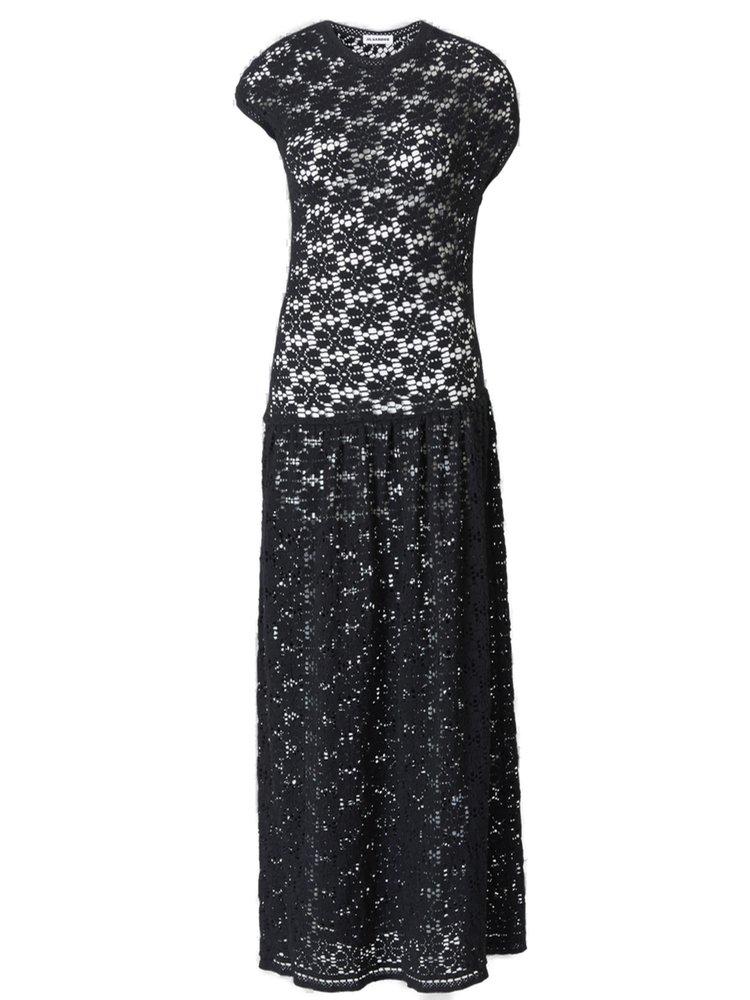 Jil Sander Floral Crochet Crewneck Midi Dress in Black | Lyst