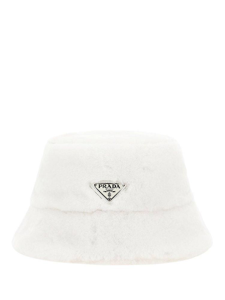 Prada Triangle Logo Shearling Bucket Hat in White | Lyst