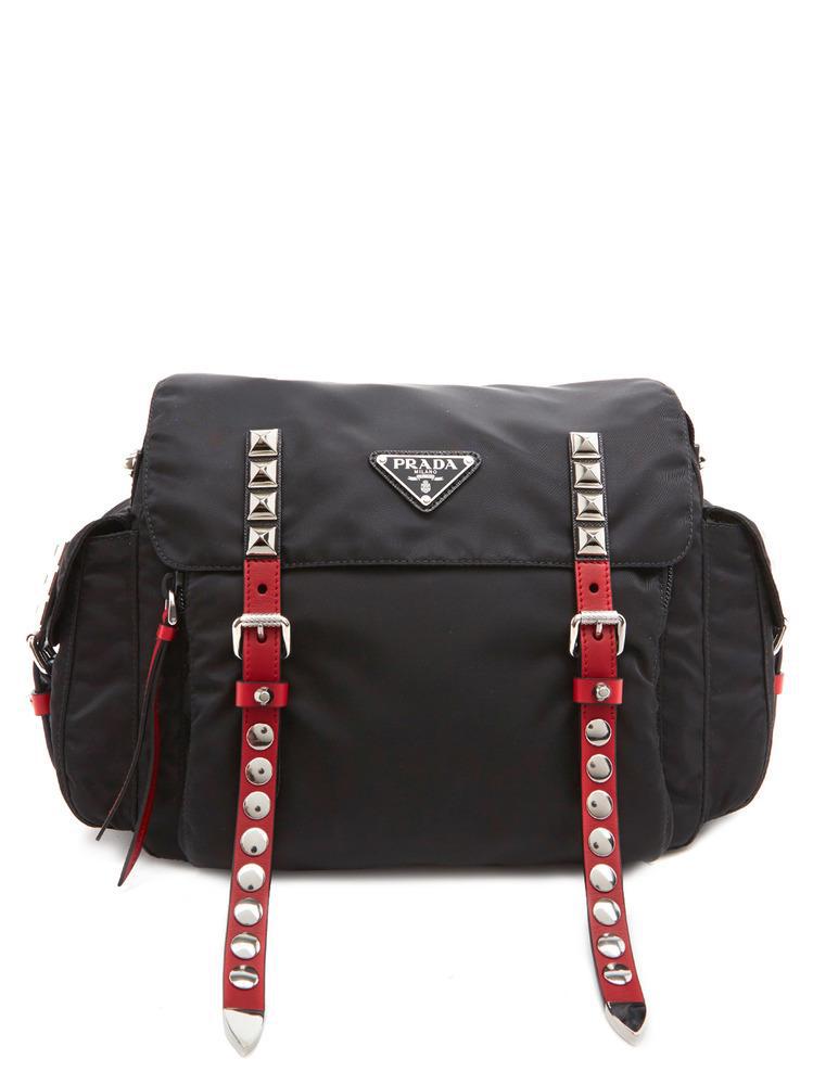 Prada Synthetic New Vela Studded Messenger Bag in Black | Lyst
