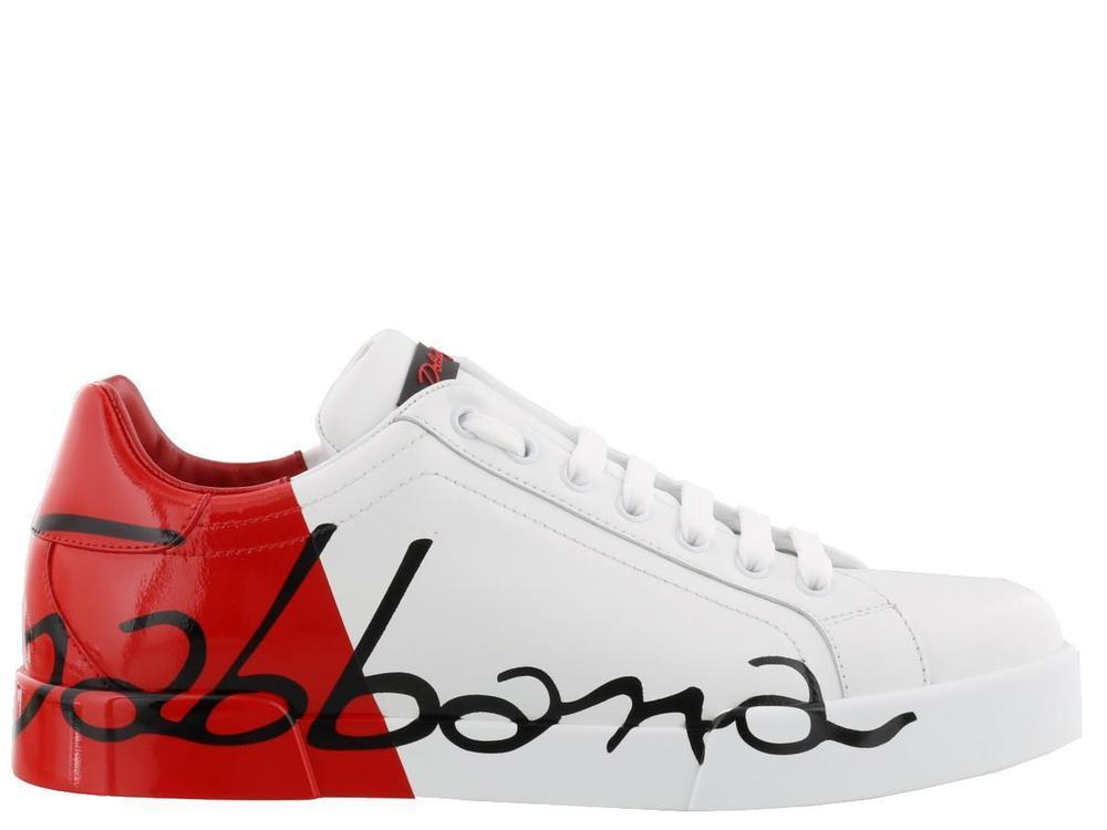 Dolce & Gabbana Leather Patent Calfskin Portofino Sneakers in White/Red ...