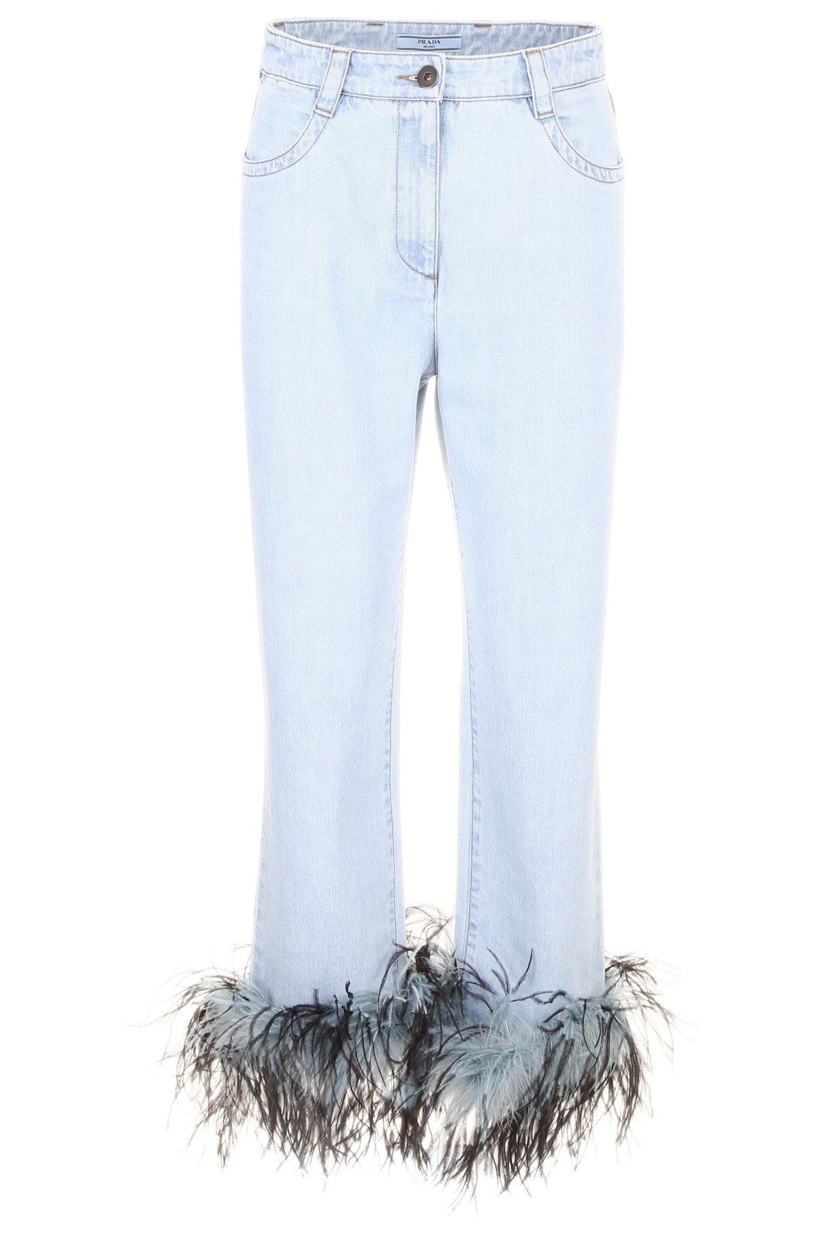 Prada Ostrich Feather Trim Denim Jeans in Blue | Lyst
