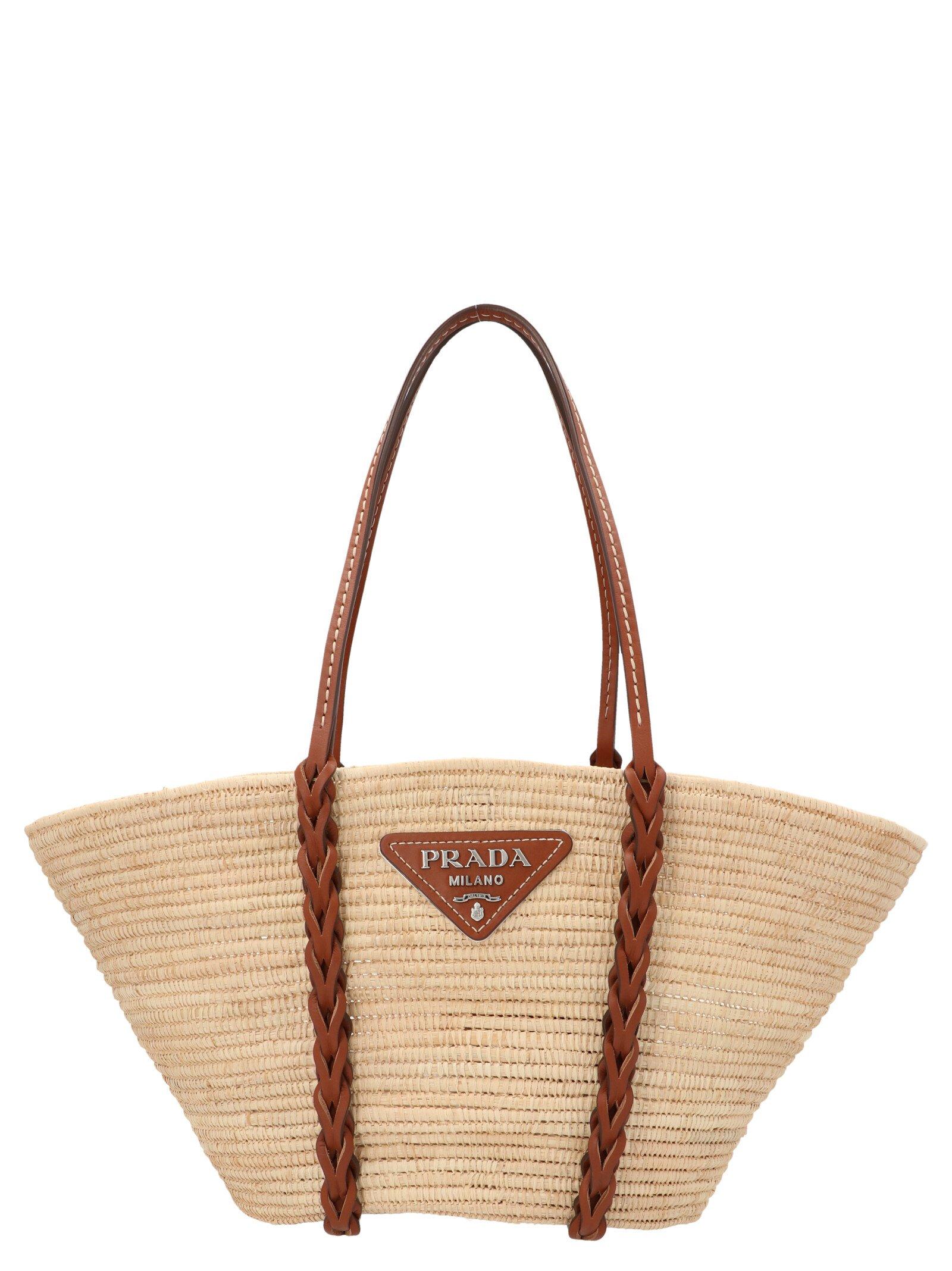 Prada Leather Wicker Woven Tote Bag in Natural | Lyst