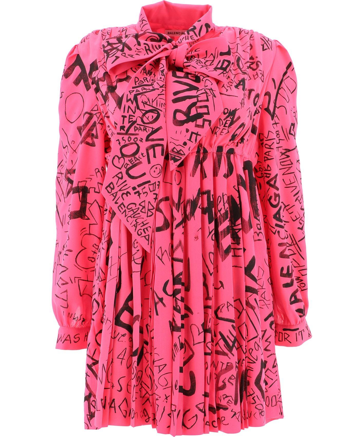 Balenciaga Synthetic Graffiti Crepe Tie-neck Dress in Pink | Lyst Canada