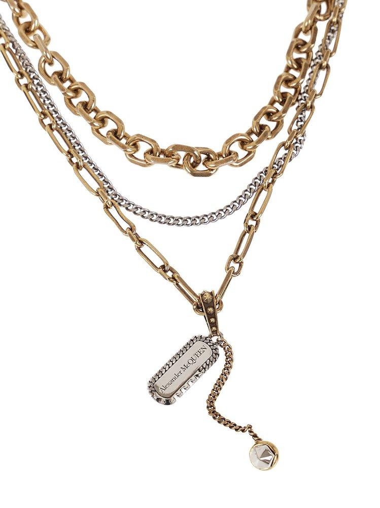 Alexander McQueen Logo Engraved Triple Chained Necklace in