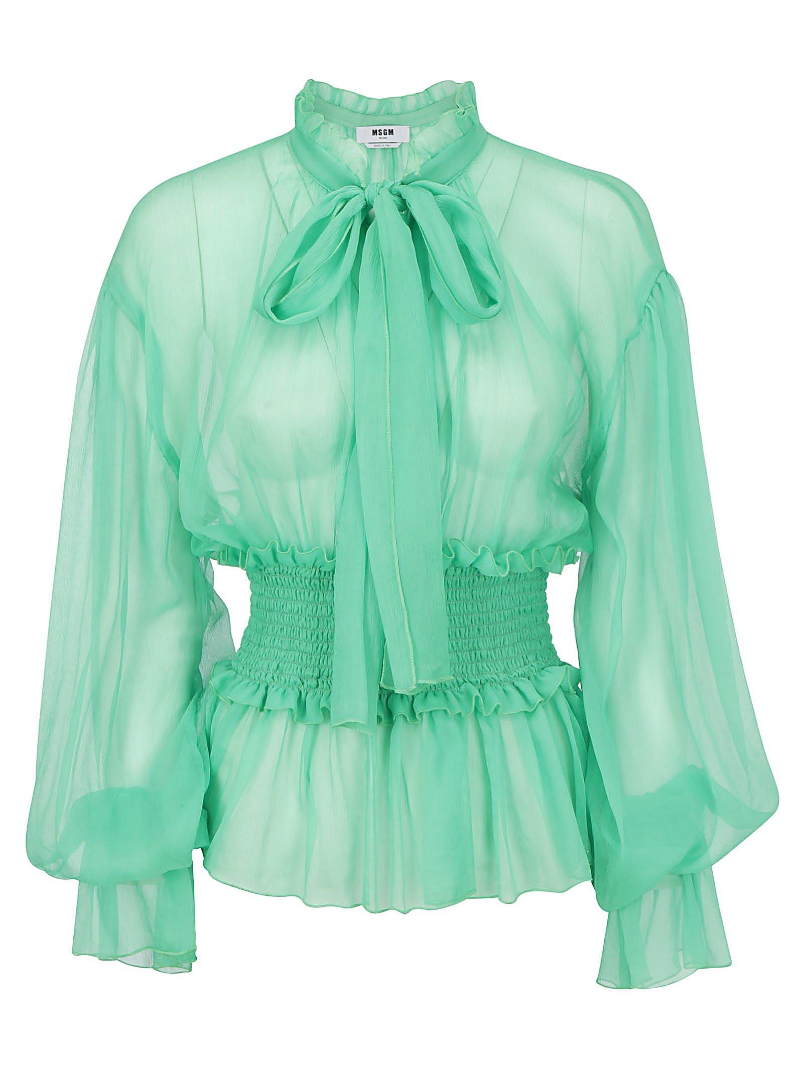 MSGM Silk Pussy Bow Ruffled Blouse in Green - Lyst