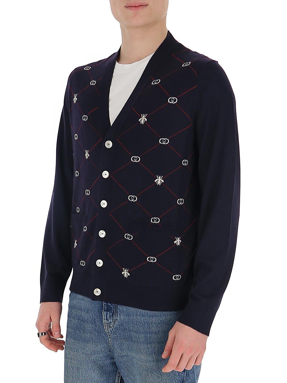 Gucci Wool GG Bees Jacquard Cardigan in Blue for Men - Lyst
