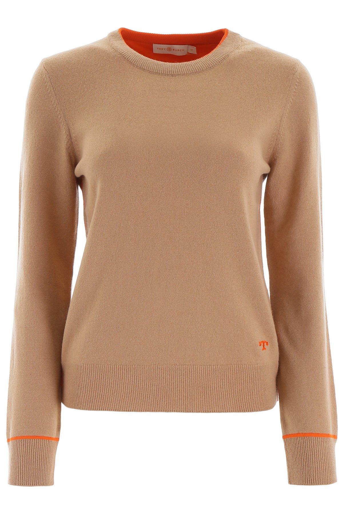 Tory Burch Cashmere Logo Embroidered Crewneck Sweater in Beige (Natural) - Lyst