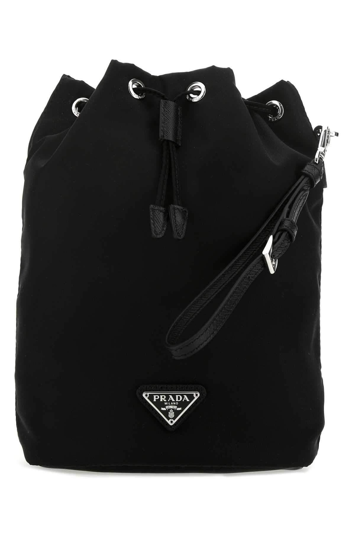 Prada Logo Plaque Drawstring Pouch Bag in Black