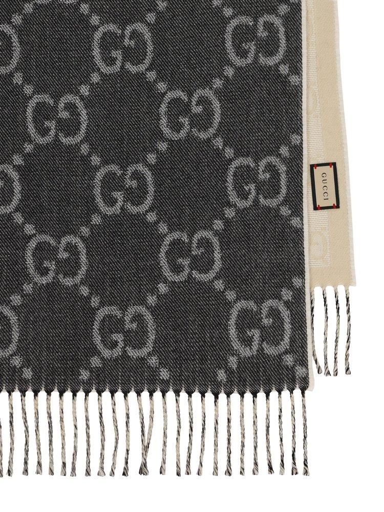 Gucci Monogram Jacquard Fringed Scarf in Gray | Lyst