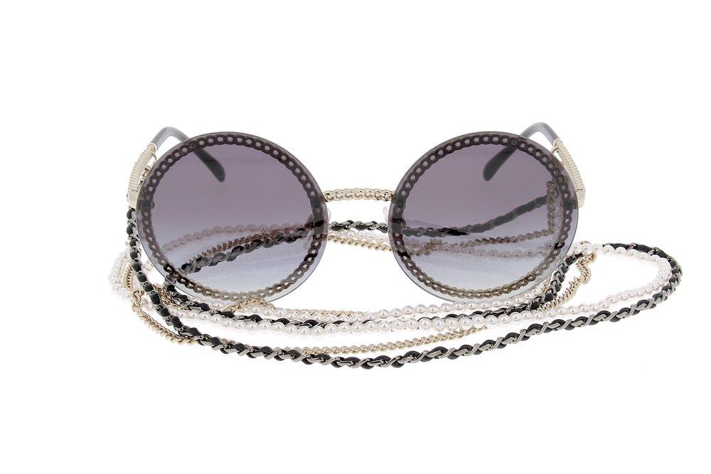 Chanel Round Frame Chain Sunglasses in Black | Lyst