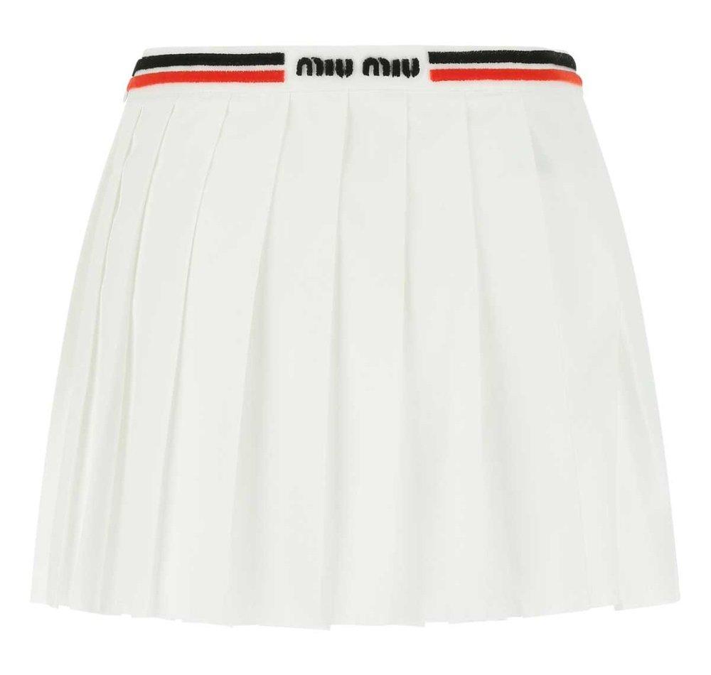 Miu Miu Logo Intarsia Pleated Mini Skirt in White | Lyst