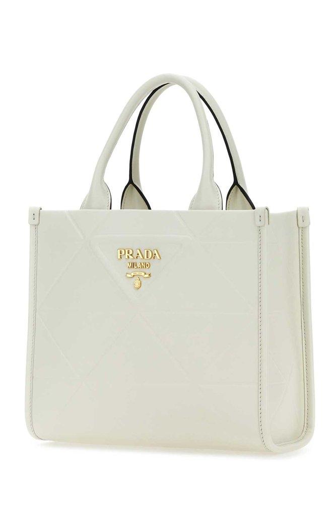 Symbole Mini Leather Tote Bag in White - Prada