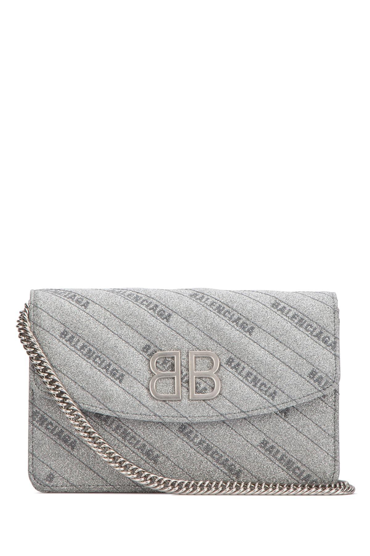 Balenciaga Leather Bb Chain Wallet Glitter Bag in Silver (Metallic) | Lyst