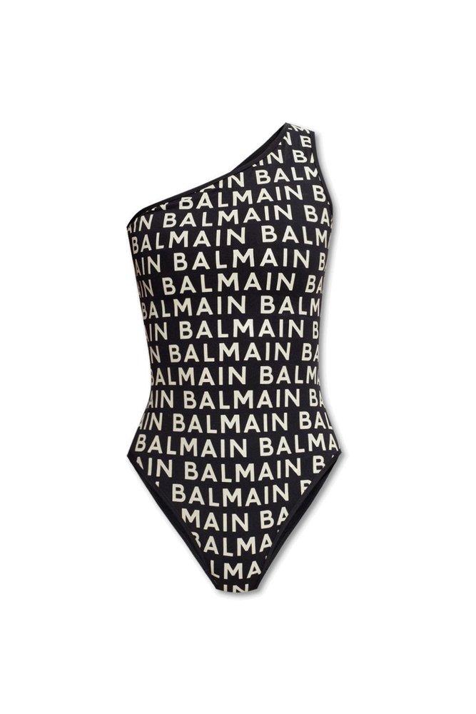 Balmain Logo Printed One Shoulder Stretched Swimsuit in Black | Lyst