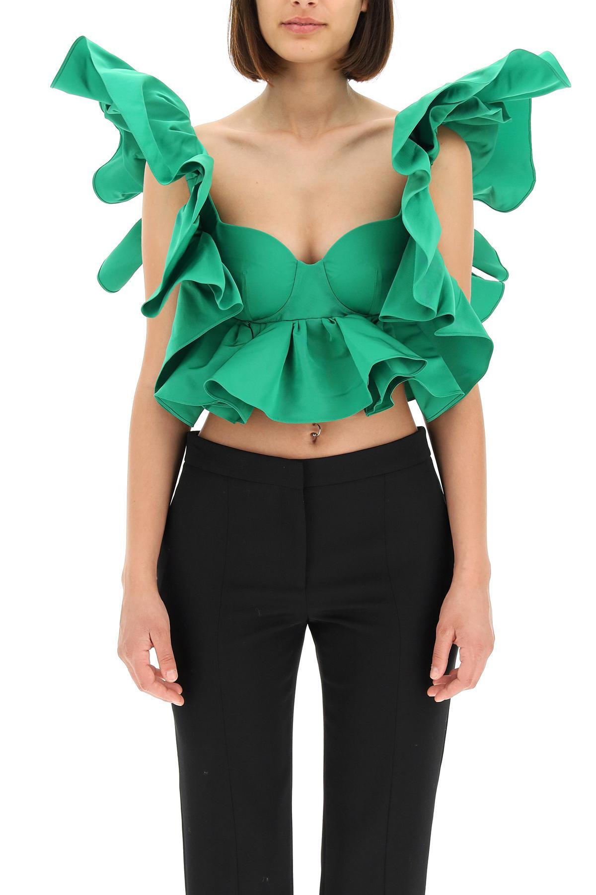 Alexander McQueen Ruffled Twill Top in Green | Lyst