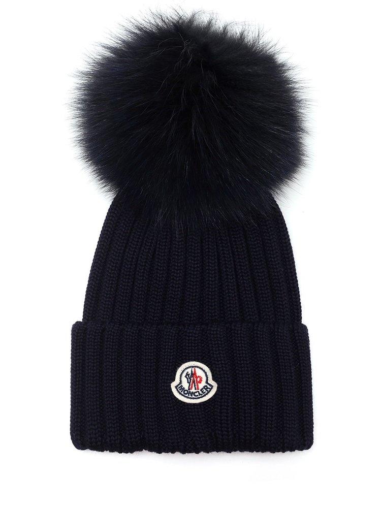 Moncler Wool Logo Patch Pompom Beanie 