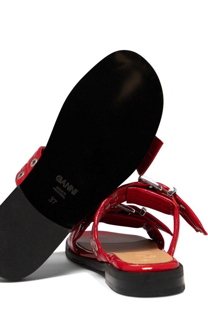 サンダル・ミュール Ganni SS25 BUCKLE TWO STRAP SLIDE (S26644926 099) Silver Silver Metallic Feminine Buckle Two-Strap Sandals