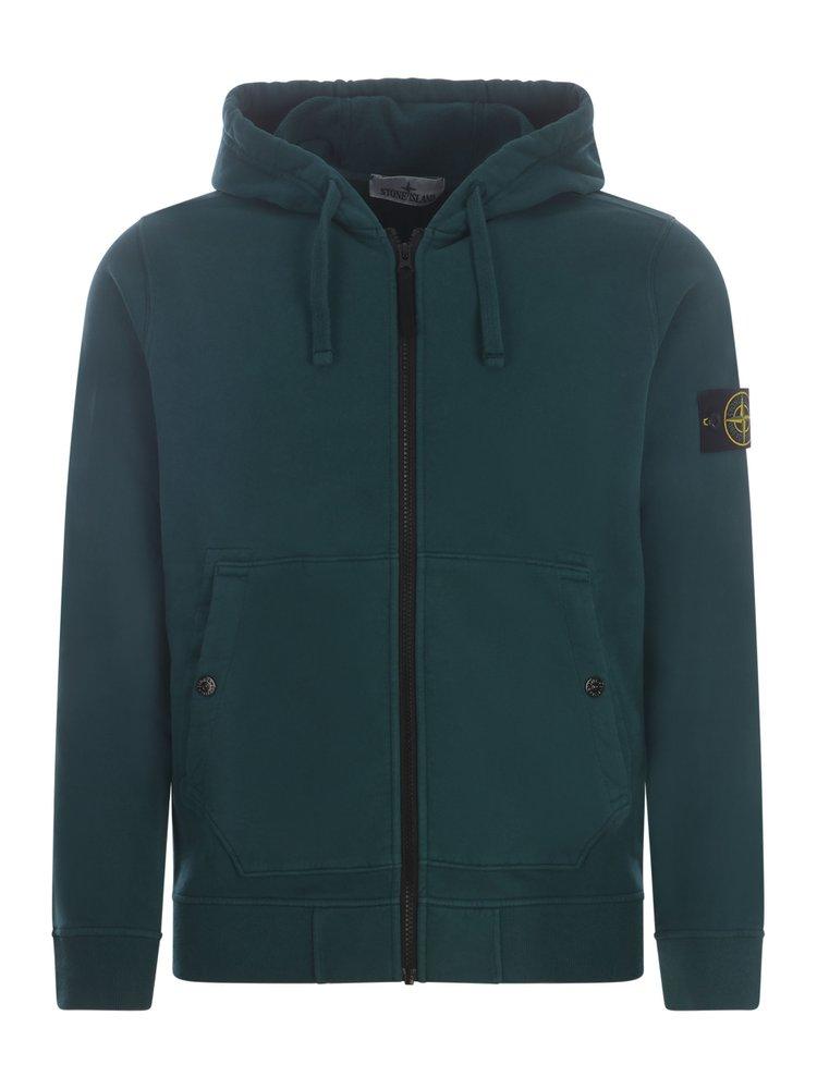 Stone Island Logo Patch Zipped Hoodie in Green for Men Lyst