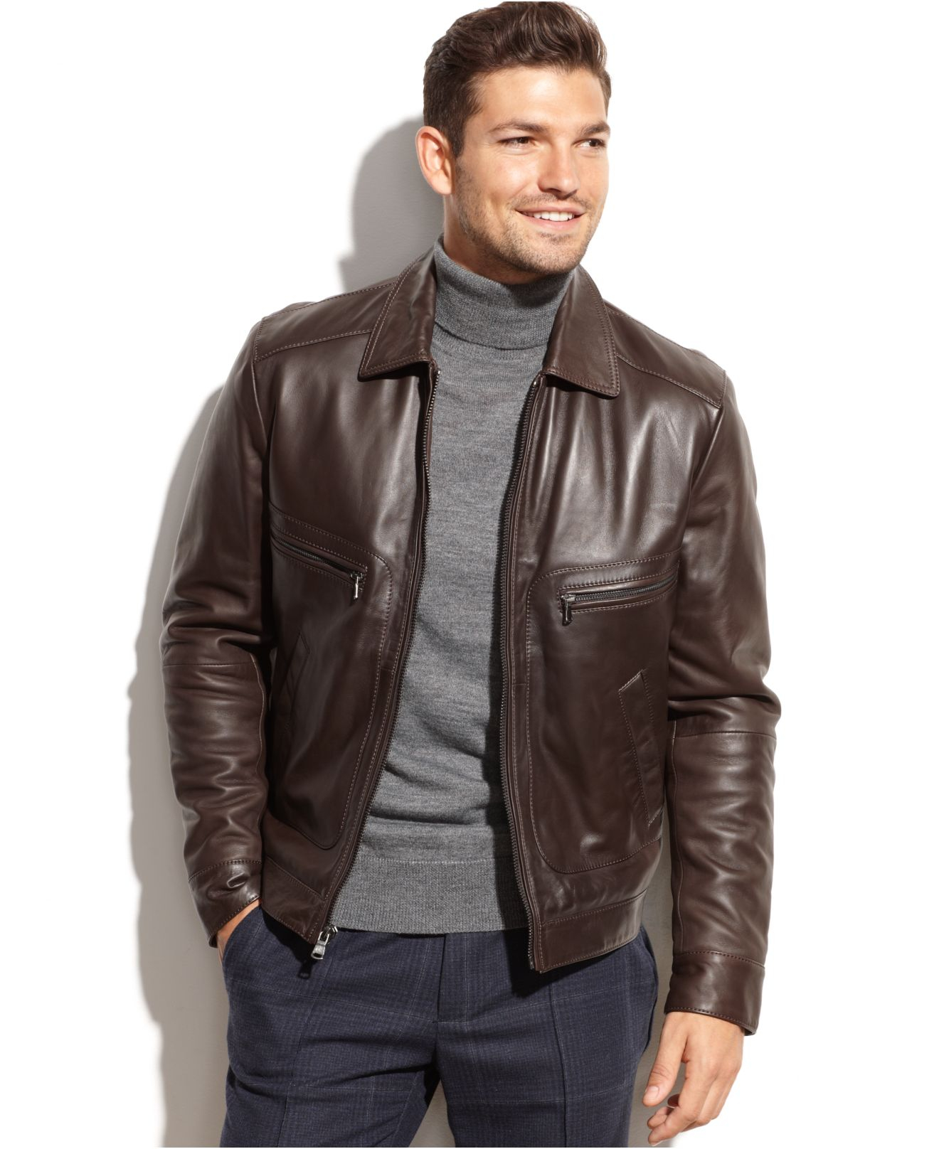 Michael Kors Michael Welby Shirt-Collar Leather Jacket in Brown for Men |  Lyst