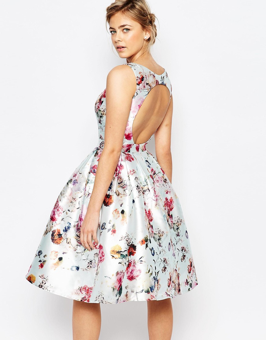 Chi Chi London Plunge Skater Dress In Floral Print in Blue | Lyst