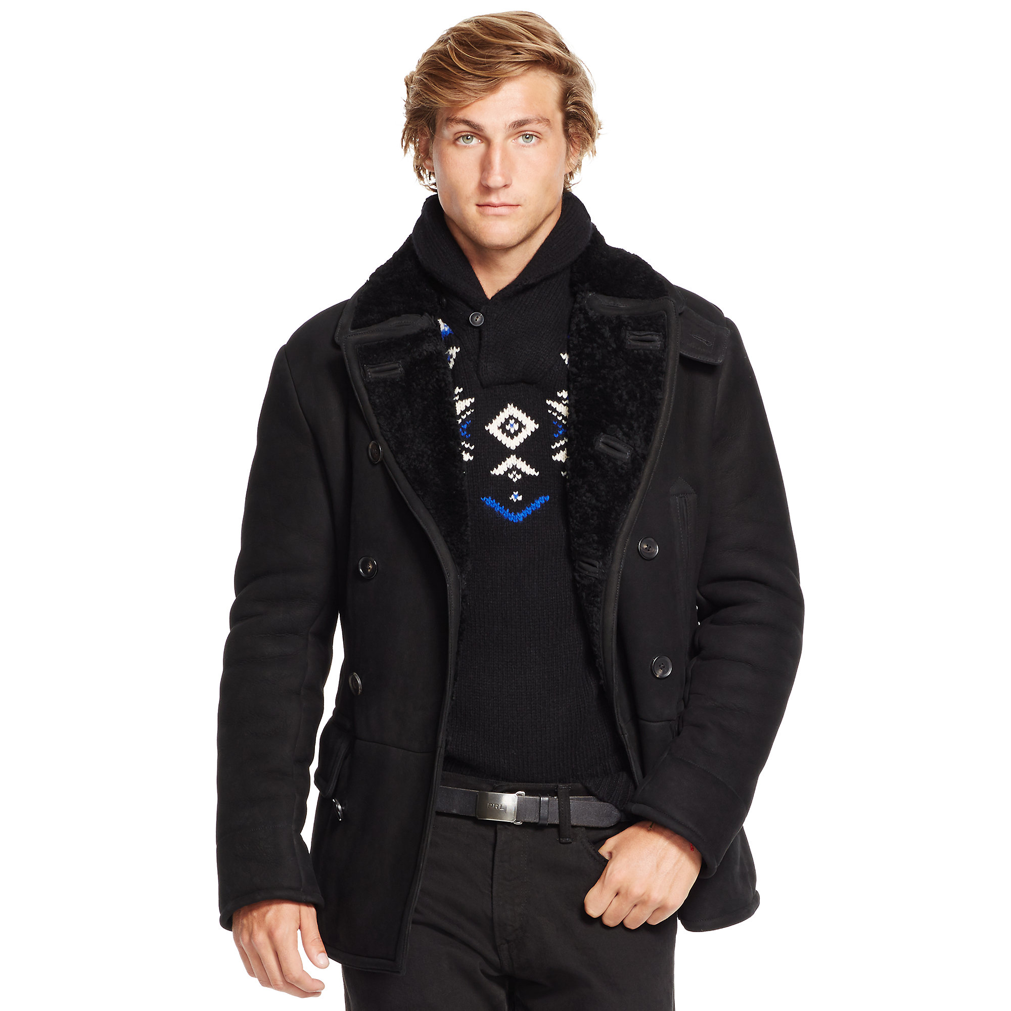Polo Ralph Lauren Shearling Pea Coat in Black for Men | Lyst
